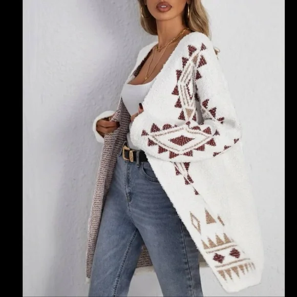 Boho Aztec Geo Knit Open Front Cardigan Sweater - Picture 4 of 5